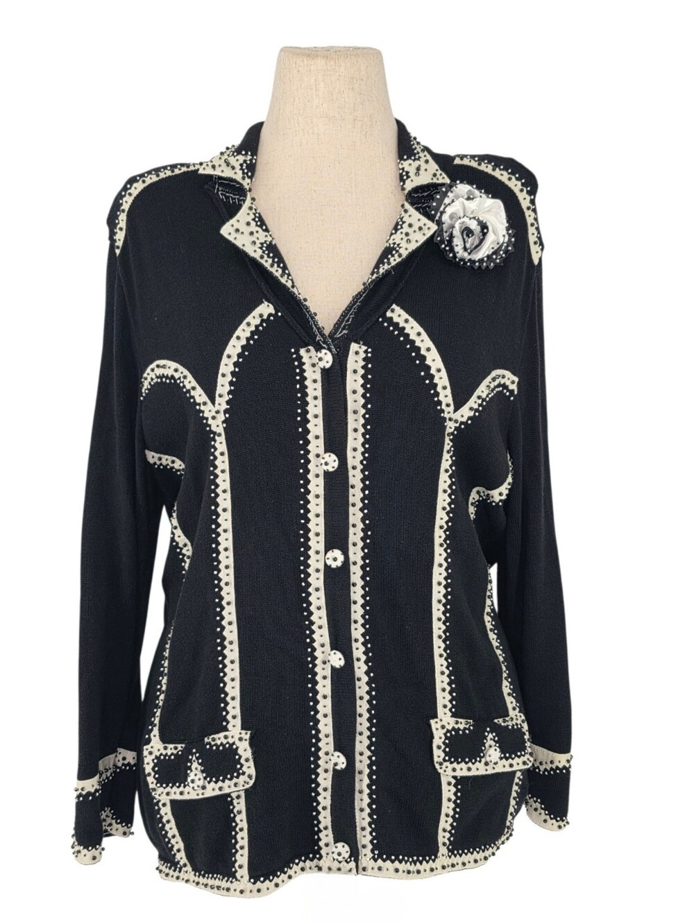 Just B Cardigan Jacket XL Black Cream Beaded Embellished Western Knit